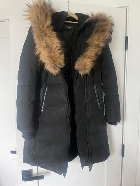 Mackage Kay Down coat with raccoon fur hood and real leather details.